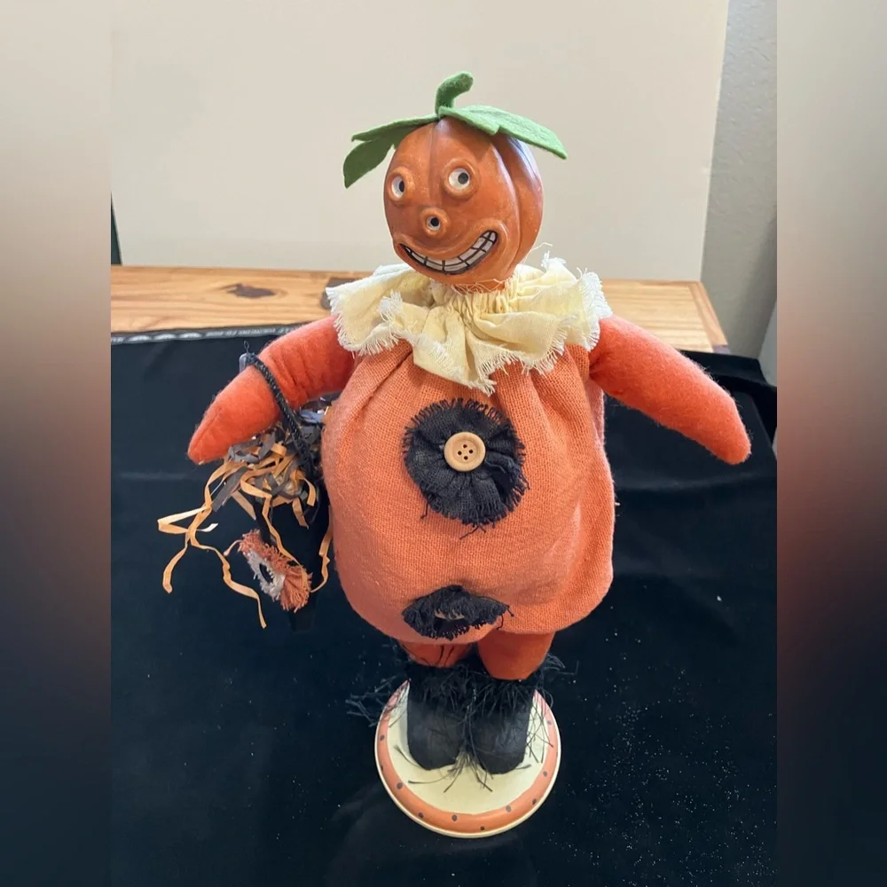 Handmade Halloween Pumpkin Cloth Figurine 15” Happy Pumpkin Head